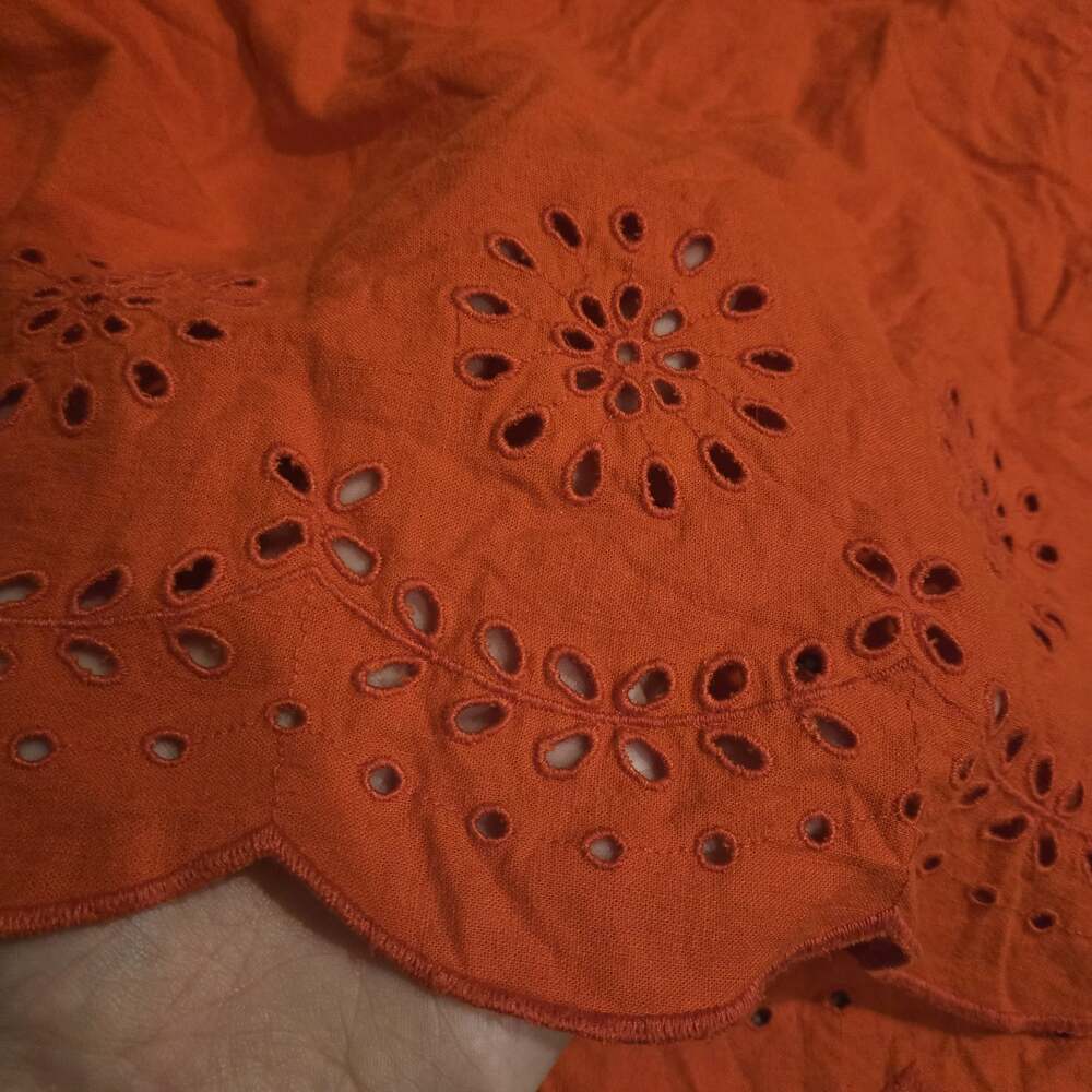 LOFT Boho Red Orange Eyelet Embroidered Ruffle Cotton Linen Peasant Blouse M - Picture 4 of 8